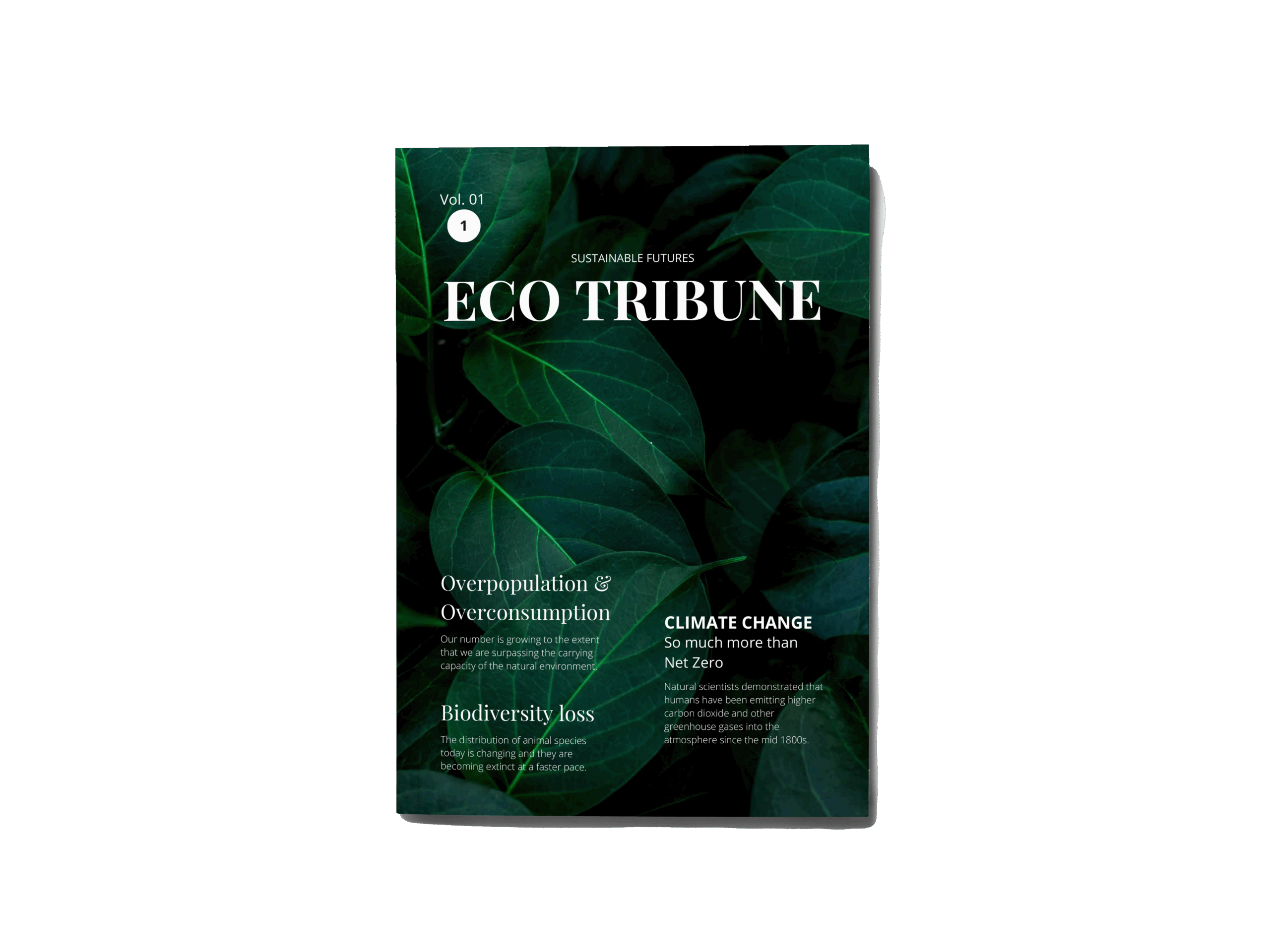 The front page of a fictional magazine created for an online sustainability course called 'Eco Tribune'. The image on the page is of dark green leaves.