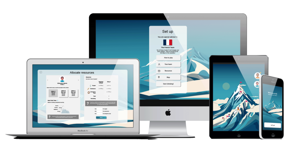 A desktop computer, laptop, tablet, and mobile phone showing the K2 game on various pages, and how it displays across the various devices.