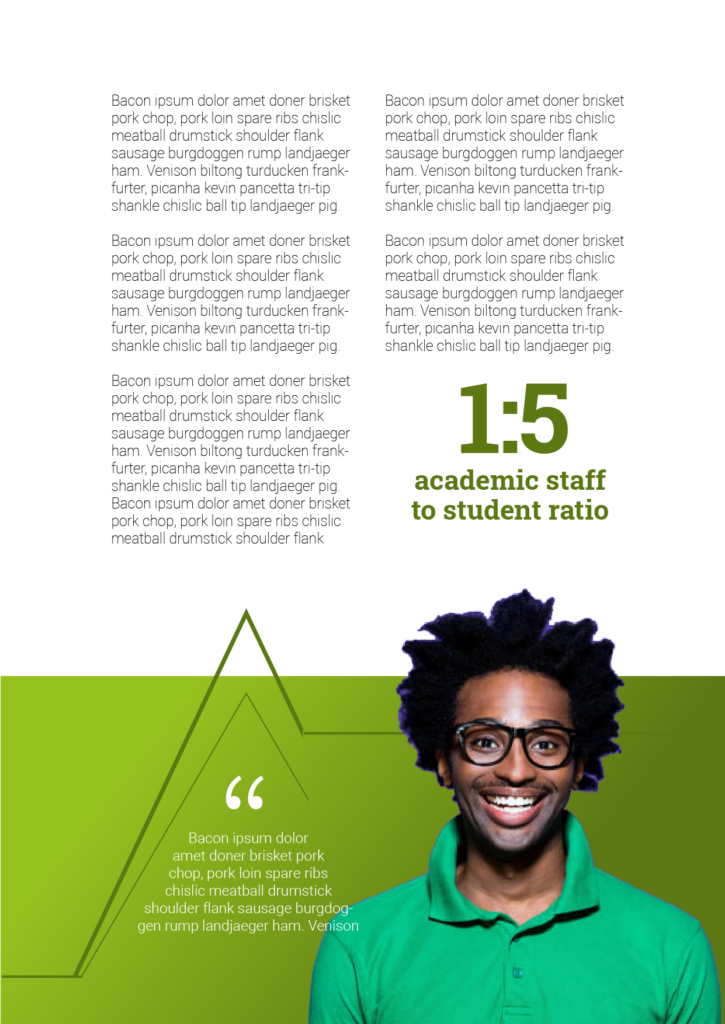 Cranfield Online brochure examples with placeholder text and image of smiling student, to exemplify the visual brand identity.