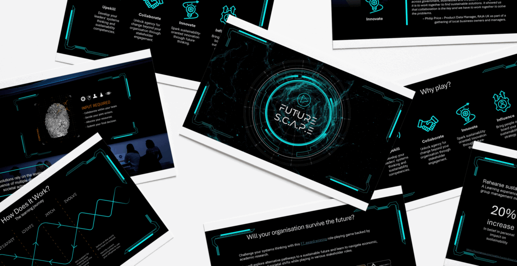 A scattering of pages from the FutureSCAPE pitch deck document showing the shared visual identity with the game