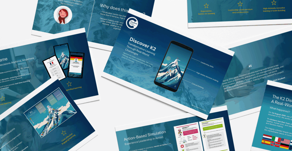 A scattering of pages from the K2 suite pitch deck document showing the shared visual identity with the game