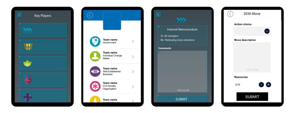 Basic User Interface design comparisons between AI Wars and FutureSCAPE. Side by side mobile layouts showing the team bio screens and the input screens.