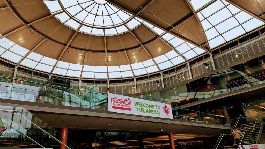 Norwich Games Festival 2025 banner and ceiling of pavillion