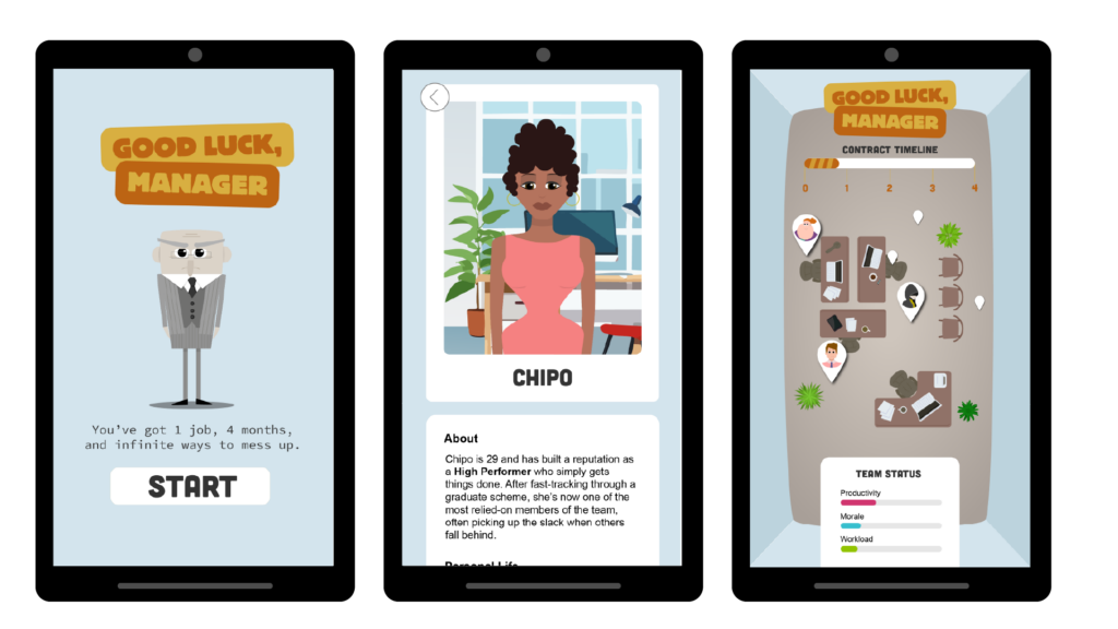 3 screenshots fromt eh mobile version of the Good Luck, Manager game Interface Design