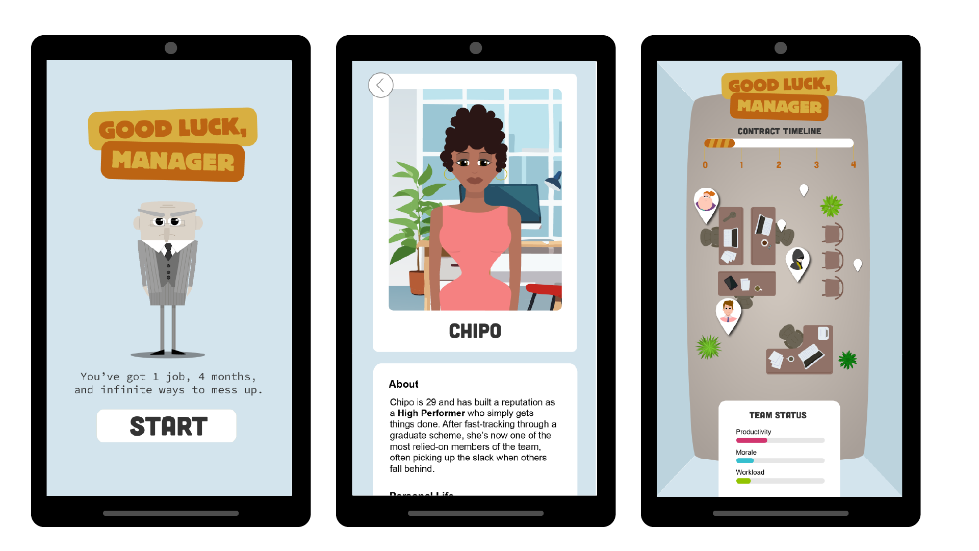3 screenshots fromt eh mobile version of the Good Luck, Manager game Interface Design